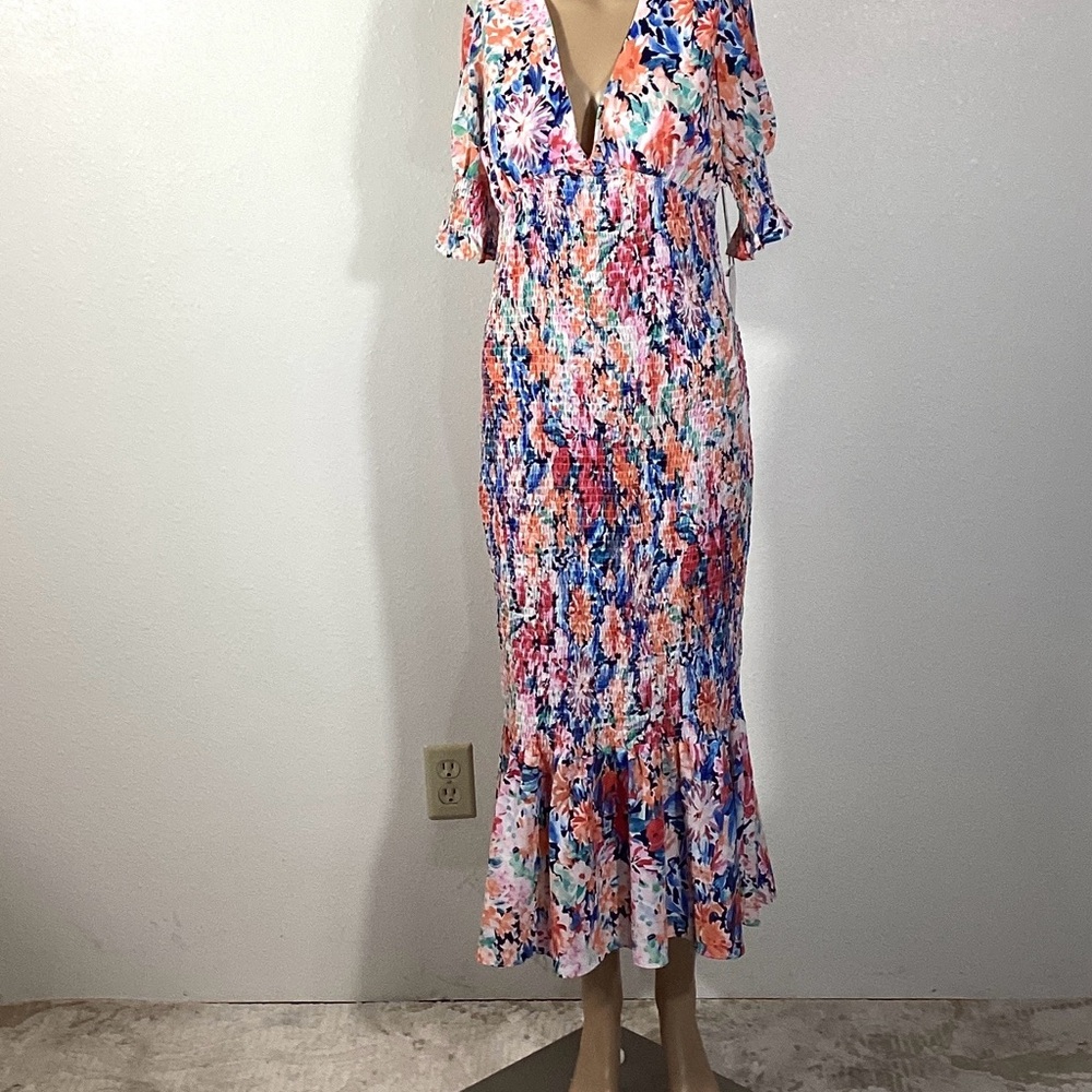 NWT Large Luxxel Multicolor Floral Midi Dress smocked body ruffle - Picture 4 of 16